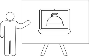 Yemek tabağı simgesini gösteren bir dizüstü bilgisayarla sunum tahtasına doğru hareket eden bir kişinin çizgisi.