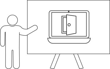 Satır sanatı, ekranında açık bir kapı olan dizüstü bilgisayarı sunan bir çöp adam tasvir eder