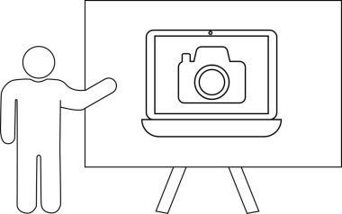 Çizgi sanatı, dizüstü bilgisayarı sunan kişinin üç ayaklı bir tripodun üzerinde bir kamera simgesi gösterdiğini gösteriyor.