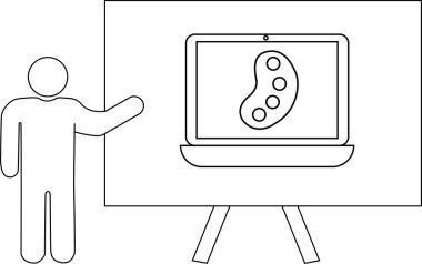 Bir standın üzerinde boya paletini gösteren bir dizüstü bilgisayar sunan bir kişinin çizgi çizimi