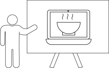 Çizgi sanatı, ekranda dizüstü bilgisayar sunan birinin bir kase yemek gösterdiğini gösteriyor.