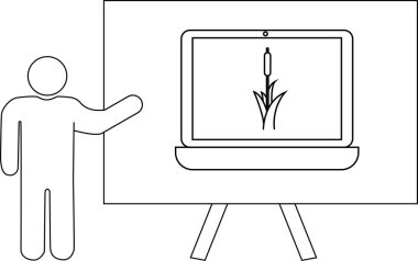 Dizüstü bilgisayarı ekranında çim olan birinin çizgi çizimi.