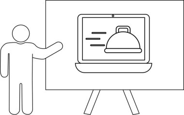 Kapaklı tabak ve metin içeren bir stantta dizüstü bilgisayar sunan çizer