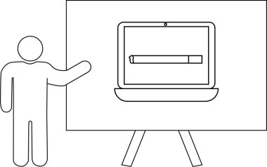 Dizüstü bilgisayarını tripod standında gösteren çizgi çizimi sunucusu