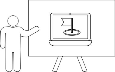 Çizgi çizimi, bir insanın beyaz tahtada dizüstü bilgisayara doğru hareket ettiğini gösteriyor.