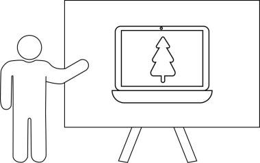 Noel ağacını sehpada gösteren dizüstü bilgisayarı sunan çizgi sanatı figürü