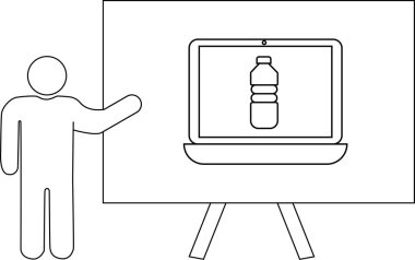 Ekranda su şişesi olan bir dizüstü bilgisayar sunan kişi.