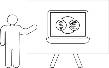 Kürsüde üzerinde dolar döviz sembolü olan bir dizüstü bilgisayar sunan kişi