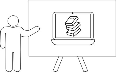 Üst üste dizilmiş kitapları gösteren bir dizüstü bilgisayar sunan kişi