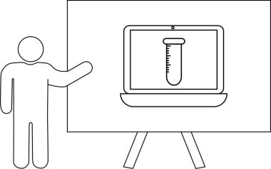 Kişi sehpada dizüstü bilgisayarla test tüpü sunar