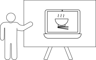 Buharlı erişteleri gösteren bir dizüstü bilgisayarla tezgahı gösteren bir çöp adam.