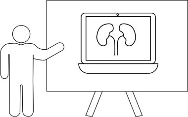 Stick figure points to a presentation easel showing kidneys