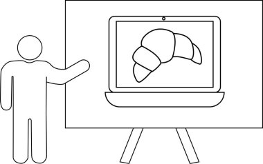 Çubuk adam dizüstü bilgisayar ekranında kruvasan sunuyor.