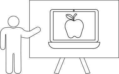 Elmayı gösteren sehpada dizüstü bilgisayarı olan bir çöp adam sunucusu