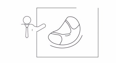 Takım elbiseli bir kişi, duvarda kesilmiş bir etin çerçeveli görüntüsüne işaret ediyor.