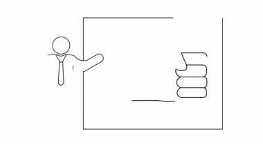 Takım elbiseli bir çöp adam, bu siyah beyaz çizgisel resimde eli kapalı bir şekilde çerçeveli bir yumruğun yanında duruyor.