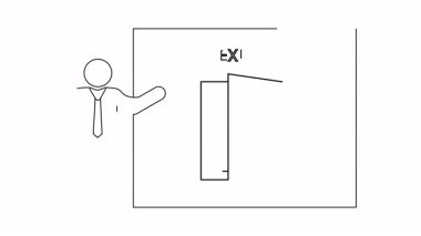 EXIT işaretinin altında açık bir kapıya doğru hareket eden bir çöp adam tasviri