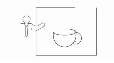 Çizgi sanatı çerçevelenmiş bir kahve fincanını işaret eden bir figür tasvir eder.