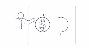Çizgi sanatı, üzerinde ABD ve Endonezya Rupiah para birimi simgeleri ve okları olan bir tablo sunan bir adamı tasvir ediyor.