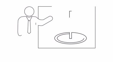 Takım elbiseli çizgi figürü, bayraklı bir golf yeşili sunumunu gösteriyor.