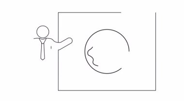 Kare tahtada donut sunan takım elbiseli bir adamın çizgi çizimi.