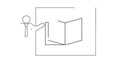 Çerçeveli bir ekranda açık bir kitaba doğru hareket eden bir kişinin satır çizimi