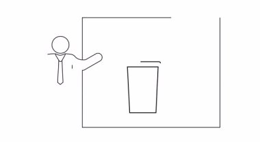 Çizgi insan pipetli bir fincanın posterine doğru hareket ediyor.