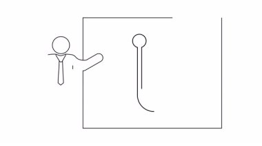 Takım elbiseli adam, çerçeveli bir olta iğnesini işaret ediyor.