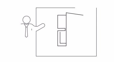 Solda dikdörtgen bir çerçevenin içindeki açık bir kapıyı gösteren bir adamın ana hatları.