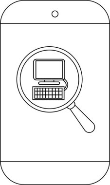 Bir telefon, çizgi sanatında gösterilen bir büyüteç altında bir bilgisayar görüntüler