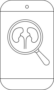 Tıbbi muayeneyi vurgulayan bir telefon, böbrek şekillerinin üzerinde büyüteç taşır.