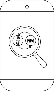 Bir telefon ekranında USD ve RM simgelerinin değiş tokuşu üzerine odaklanmış bir büyüteç görüntülenir