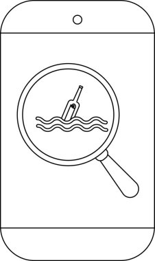 Dalgalı suda yüzen bir mesajla şişeye odaklanan bir büyüteç gösteren akıllı telefon ekranı.