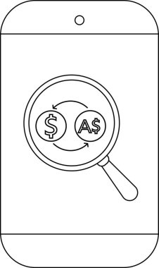 Bir akıllı telefon ekranında döviz kurunu gösteren döviz sembollerine odaklanan bir büyüteç görüntülenir