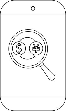 Akıllı telefon ekranında bir doların üzerinde bir büyüteç ve yen sembolü değiş tokuşu görülüyor.