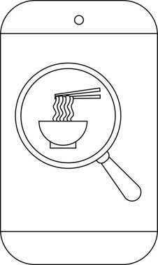 Telefon ekranında ramen kasesi siyah beyaz büyüteçle gösteriliyor.