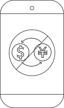 Akıllı telefon ekranında para değişimi için simgeler gösterilir. Bir dolar yen daire okları ve köşegen çizgi