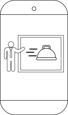 A stylized phone displays an icon of a man presenting a dish