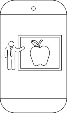 Telefon, karatahta minimalist eğitim sembolündeki elma çizimine işaret eden kişiyi gösteriyor