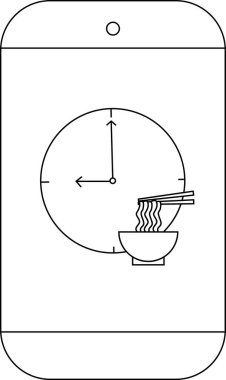900 'e ayarlanmış bir saati gösteren bir telefon. Önünde bir kase erişte resmi var.