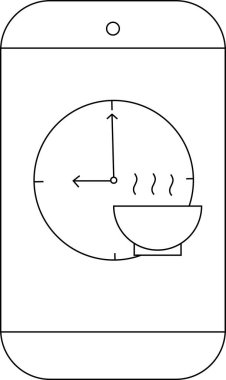 Bir saat ve bir kase sıcak yemek sergilenen akıllı telefonun basitleştirilmiş tasviri.