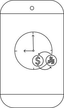 Tarzlı bir telefon, zaman bazlı yatırımlar içinde dönen dolar ve kripto sembollü bir saati gösterir