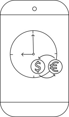 Telefon, dolar ve avro sembollerini birbirine bağlayan döviz kuruna işaret eden saat kollarını gösteriyor