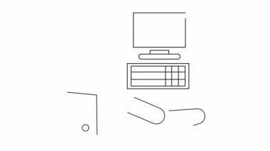 Bir el, biçimlendirilmiş çizgi çiziminde monitör ve klavye kullanan bir masaüstü bilgisayarını destekler