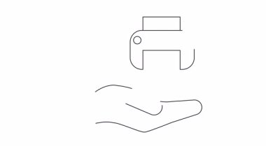 Kağıt kaplı bir yazıcı, beyaz bir arkaplana karşı temiz siyah bir ana hatla çizilmiş açık bir elin üzerindedir.