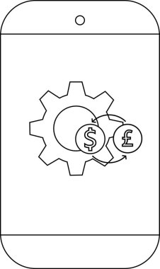 Bir cep telefonu bir dolar ve üzerinde döviz kurunu gösteren oklarla dolu bir vites ve bir pound sembolü gösterir.