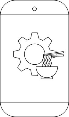 Akıllı telefon simgesi ekranda dişli ve çubuklu bir kase erişte gösteriyor.