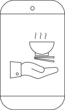 Bir telefon ekranında yemek çubuğuyla bir kase yemek tutan bir el görülüyor.