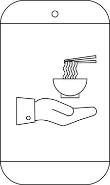 Yemek teslimatı uygulama arayüzlü bir telefon. Elinde bir kase erişte var.