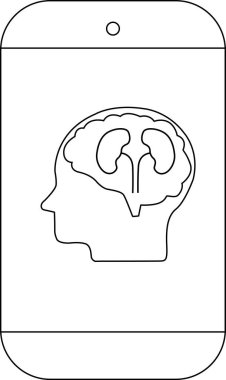 Ekranda beyin şeklindeki silueti gösteren bir telefonun siyah beyaz çizgisi
